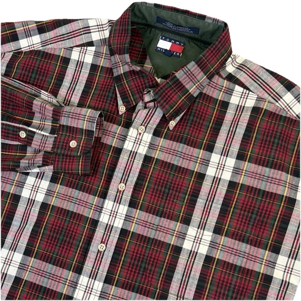 Vintage Tommy Hilfiger Men's XL Red Tartan Plaid Button Down Shirt Crest Logo